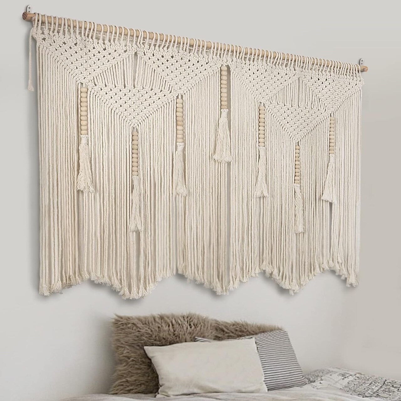 Large Macrame Wall Hanging — 43.3" × 39.4" Boho Woven Tapestry with Cotton Tassels, Beige Chic Bohemian Wall Art for Home, Living Room, Bedroom, Dorm, or Wedding, Includes Hanging Rod